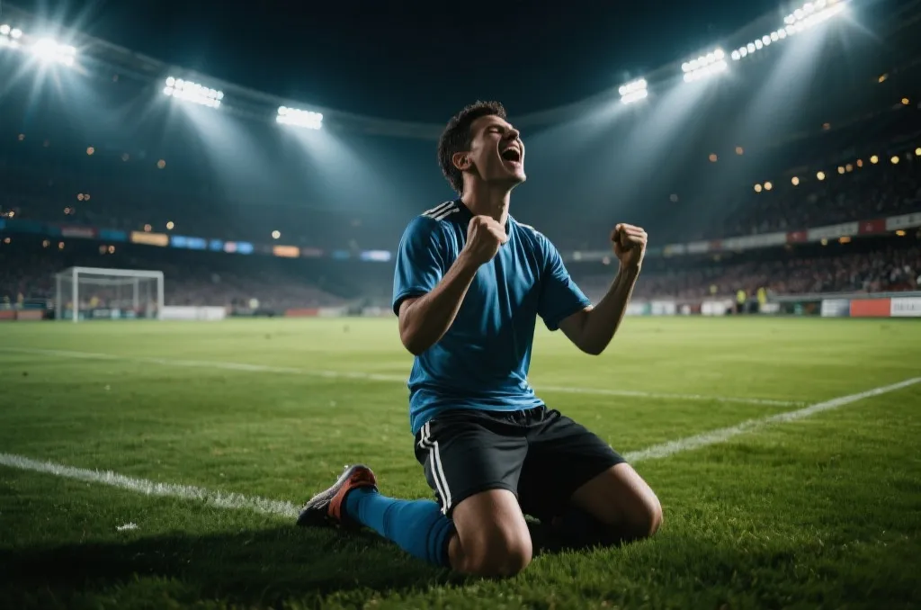 Dramatic soccer stadium floodlights with professional camera angle capturing competitive match tension