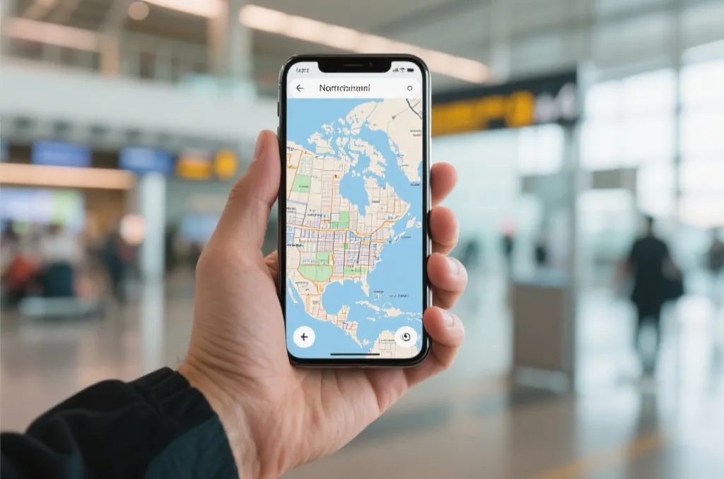 A traveler hand holding a smartphone showing a map of North American cities, with a blurred background of an airport terminal, editorial style