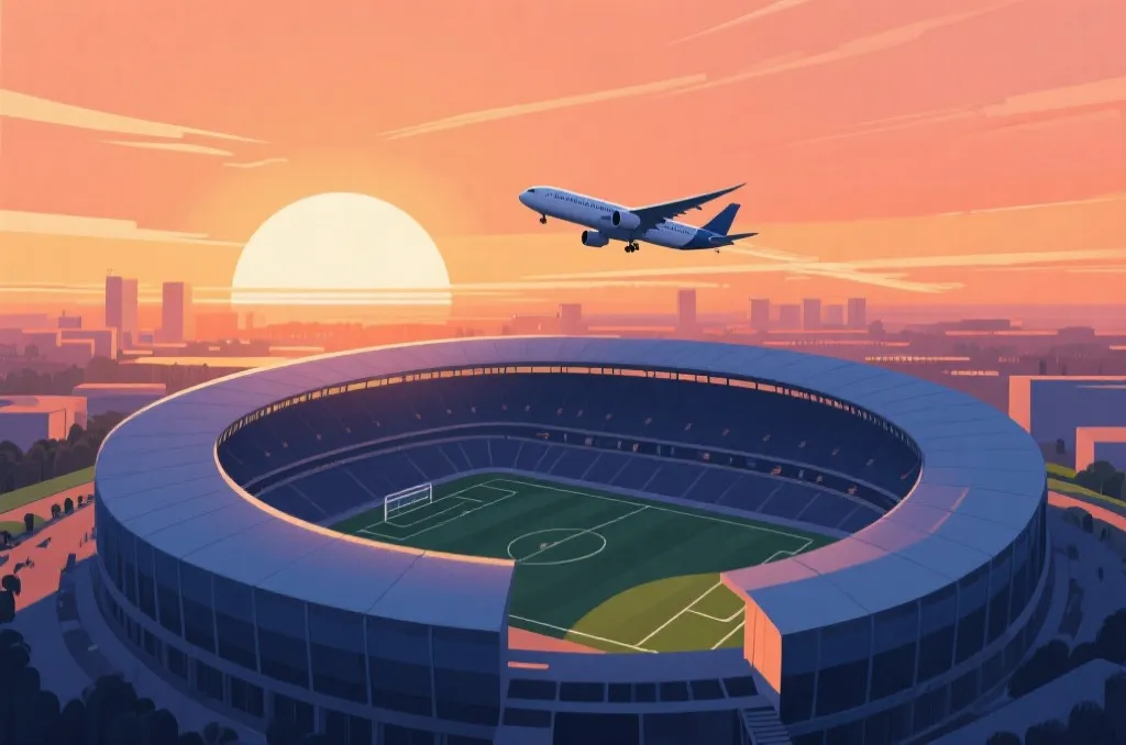 An airplane flying over a massive modern football stadium at sunset, conceptual illustration